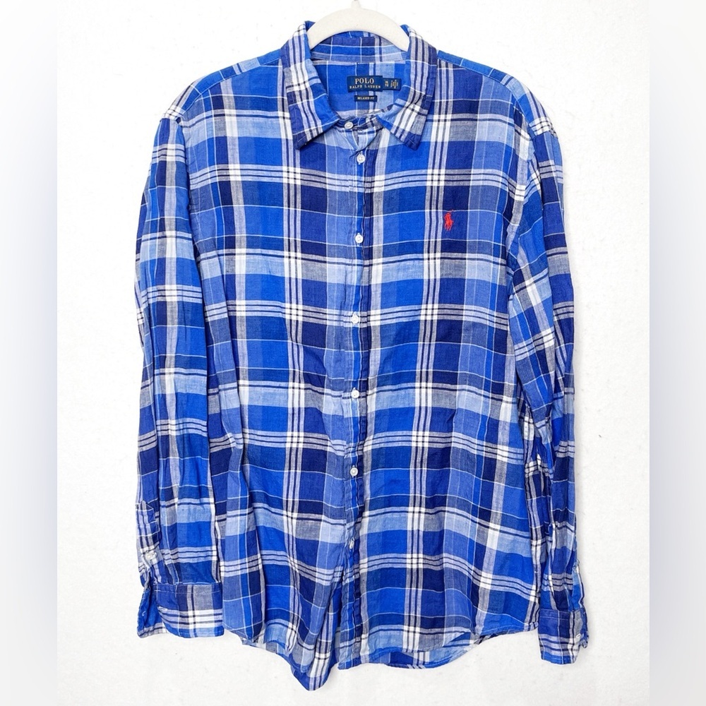 Polo Ralph Lauren Blue Multi Plaid Relaxed Fit 100% Linen Button Front Shirt XL
